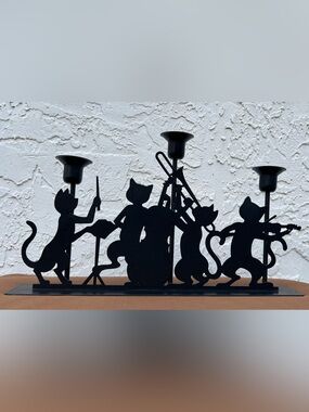 Vintage Penco Black Metal Cat Jazz Band 3 Taper Candelabra Decor / Cat Lover EUC